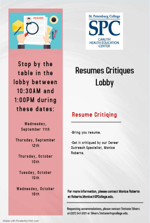 spcnews's tweet photo. Is your resume on point for the @BayCare Hiring Event on September 18? If not, stop by the #SPCHealth Lobby from 10:30 am - 1 pm for tips on improving your resume, help in activating your Handshake profile and to apply for the BayCare Hiring Event. #CareerSPC #SPCIntern https://t.co/vd1ffXoZ6k