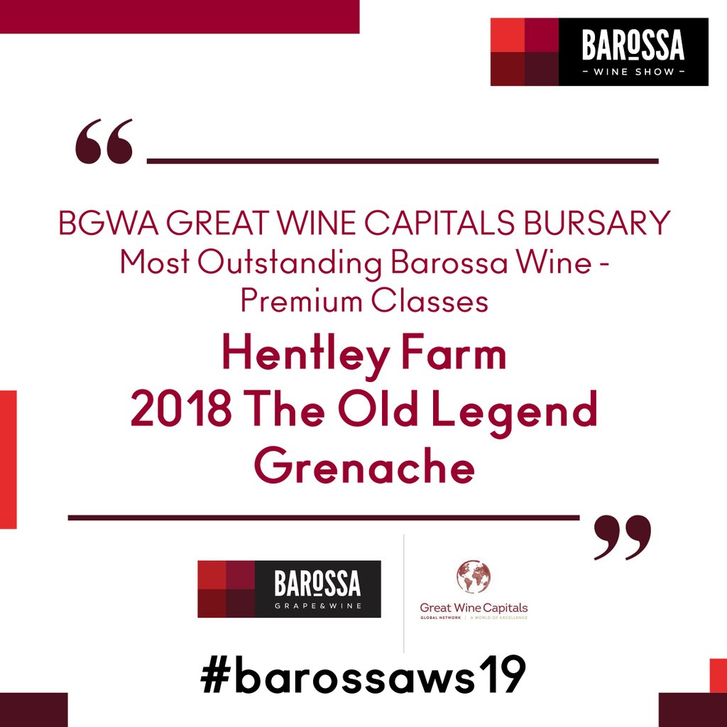 They've done it! Grenache has topped Barossa's wines once more. Congratulations @hentleyfarm - WINNER Most Outstanding Barossa Wine - Premium Classes with their 2018 Old Legend Grenache #barossaws19 #greatwinecapitals