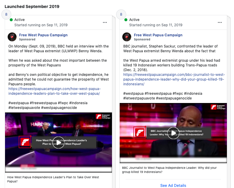 Another sock puppet  on the radar from suspended acc  @4freewestpapua. It was made on same day as the others (14.8.18), ran by same 31 Indonesian managers, uses same  @facebook ad plan & currently running ads using  #westpapuagenocide tag: ads here:  http://www.facebook.com/ads/library/?active_status=all&ad_type=all&country=ALL&q=Free%20West%20Papua%20Campaign&view_all_page_id=500085197128957