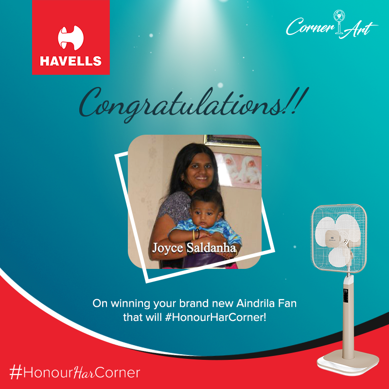 lucky winner of a Havells Aindrila Fan 