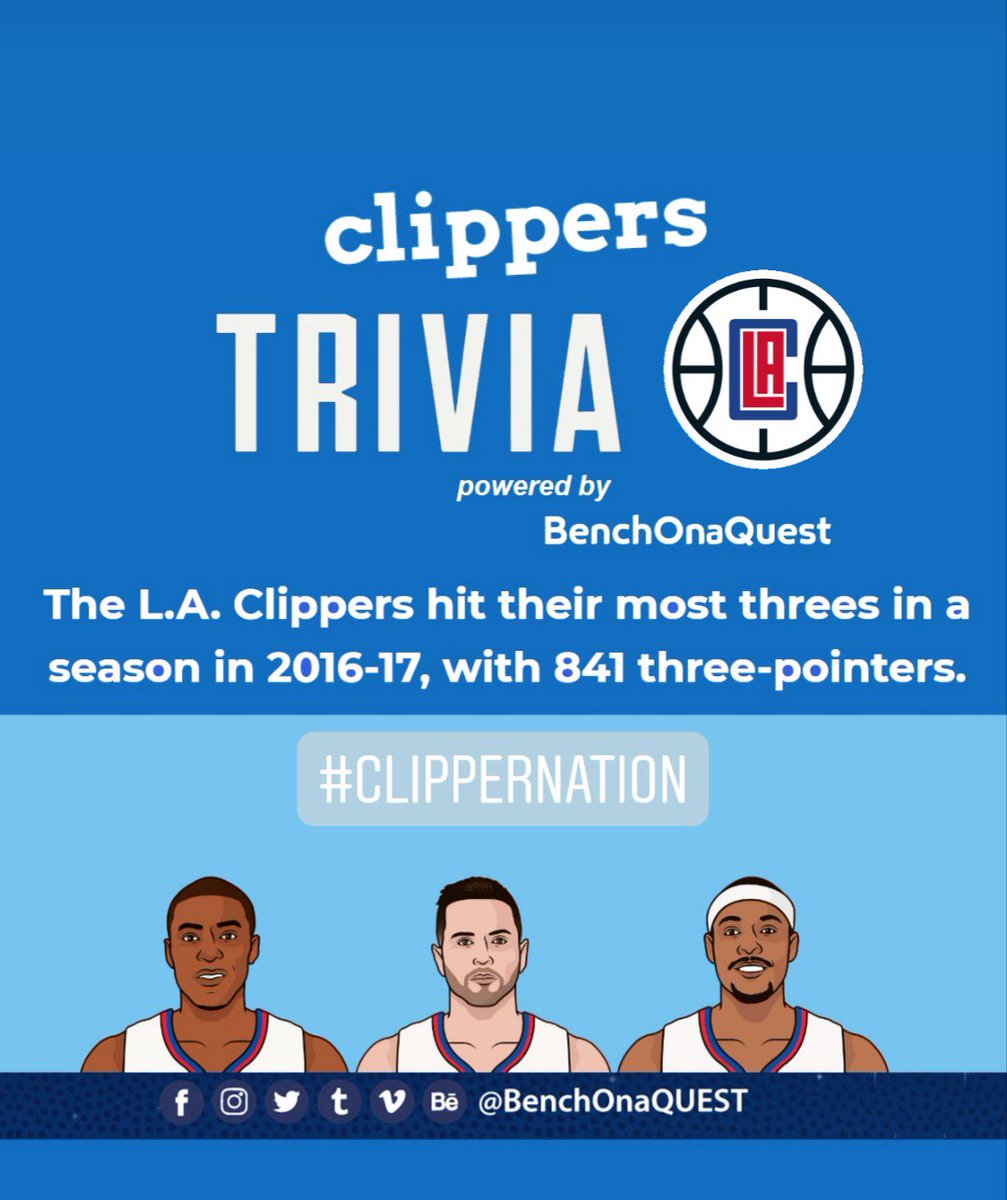 BenchOnaQuest's tweet photo. The 2016-17 season was prolific for the @LAClippers. They hit a Franchise-Best 841 three-pointers. #BenchOnaQUEST 🏀 #NBAstats❔#ClipperNation  #LAClippers ⛵ #CLIPSET ⚓ #ClampCity🔒 #LAOurWay   #LosAngeles #Clipperholics #basketball #NBAtrivia  #sportstrivia #Trivia #NBA https://t.co/Y8cDrClZkS