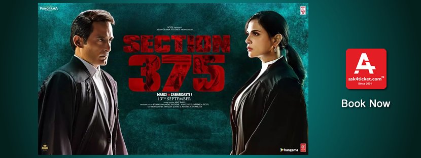 ask4ticket's tweet photo. Section 375 - Releasing on 13 September, 2019

Book your tickets now @ https://t.co/ALPbCuB5L2

Watch Trailer @ https://t.co/annVcdGY7u

Director : #AjayBahl

Star Cast : #AkshayeKhanna #RichaChadda #MeeraChopra #RahulBhat #KumudMishra #AtulKulkarni #SuratCinema #Ask4ticket https://t.co/tZO6ulTKfT