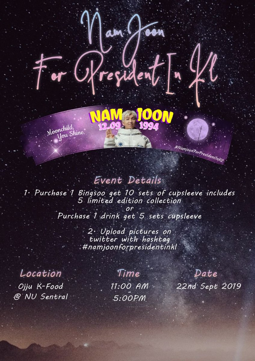 bts_jaem's tweet photo. After long waited, here we present you Namjoon For President In KL event details 🌸✨ Don't forget to bring along your Army friends &amp; Namjooning together!! 😝 #NamjoonForPresidentInKL https://t.co/0L1dP5MkyK