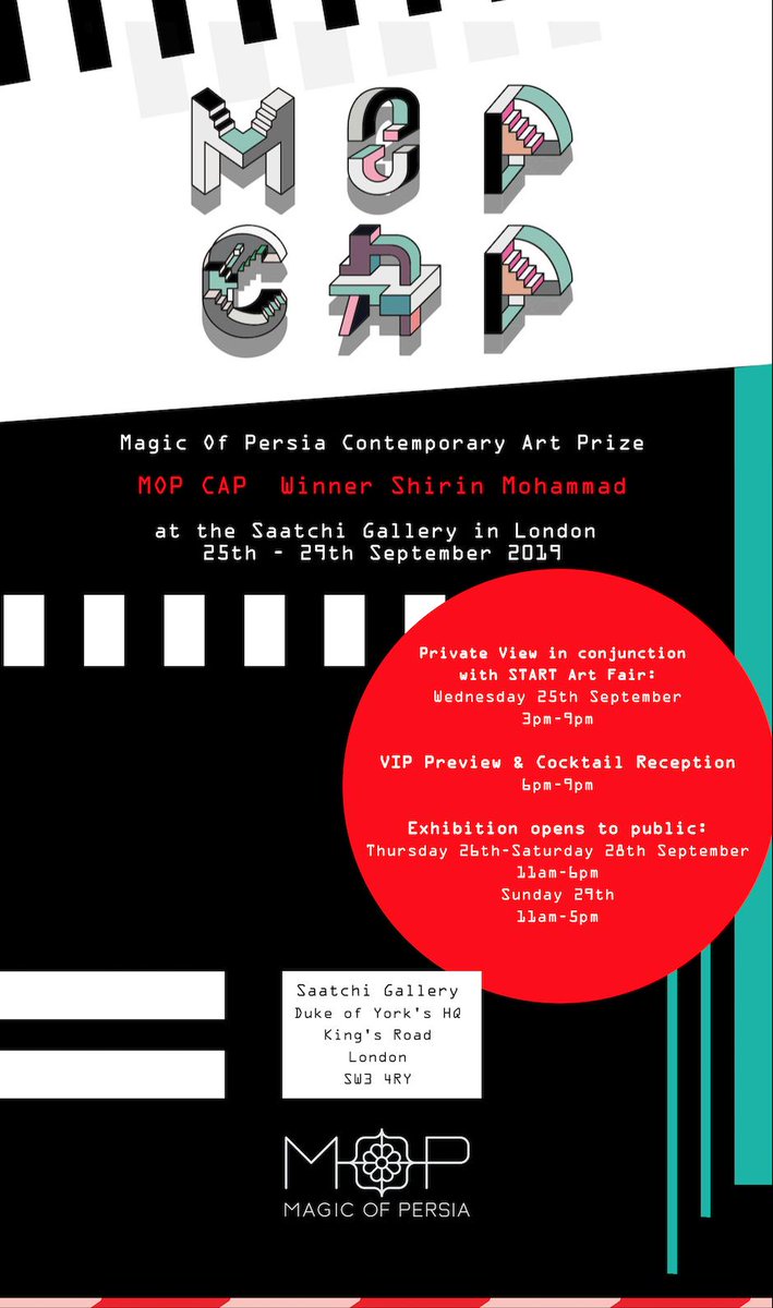 Join us to opening reception of Shirin Mohammad exhibition, the winner of MOP Contemporary Art Prize 2017.
Private View in conjunction with START Art Fair at Saatchi Gallery:
Wednesday 25th September
3pm-9pm