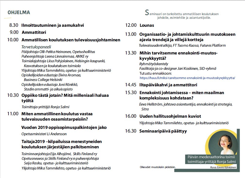 KatiLounema's tweet photo. Ammatillisen koulutuksen seminaari @okmfi on nyt yksipäiväinen ja järjestetään Suomen EU-puheenjohtajuuskaudella 2019 European Vocational Skills Week-tapahtuman yhteydessä Helsingissä 17.10.2019. Tapaamisiin siellä! #VETSkillsWeek @Opetushallitus @amke_ry @StadinAO @bchelsinki https://t.co/hZ3aAxn9yJ