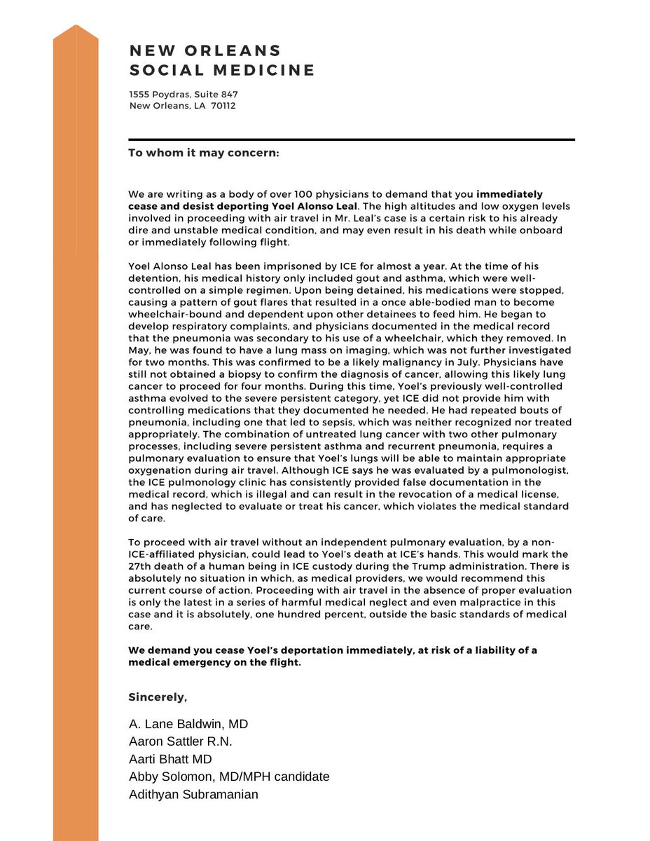 NOWCRJ's tweet photo. @AOC @RashidaTlaib @AyannaPressley @RepJayapal @janschakowsky @BernieSanders @SenWarren @RepMaxineWaters @ICEgov @SpeakerPelosi @DHSgov @RepRichmond @BennieGThompson UPDATE: Over 100 doctors release letter warning flight could kill Yoel.

Deportation would be "the latest in a series of harmful medical neglect and even malpractice in this case."

#FreeYoel https://t.co/2Y1kcjyfjF