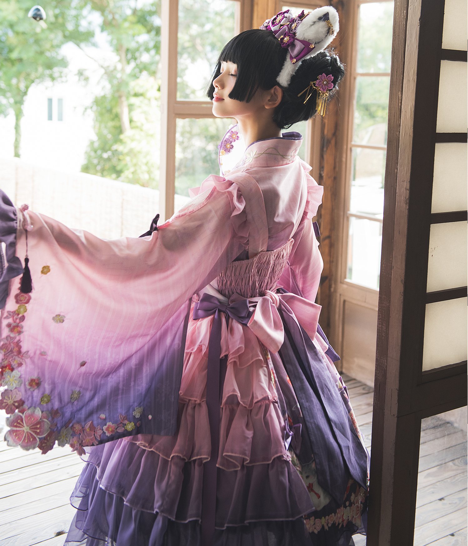 紫藤の猫～春空幻夢 和ロリ 華ロリ 刺繍 振袖 ロリータ 紫藤の猫～春空幻夢 和ロリ 華ロリ 刺繍 振袖 ロリータ