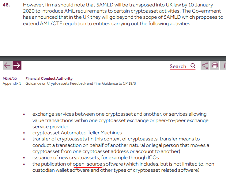 dangershony's tweet photo. Hang on a sec am I reading it right? so the FCA plans to make open source developers liable for writing crypto related code? even if writing non-custodian projects?
From the "Guidance on Cryptoassets" coming to the UK next year.
https://t.co/b0lpJqbq4U https://t.co/QJC7SSkFB6
