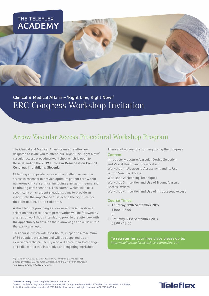 TeleflexVAEMEA's tweet photo. Right Line, Right Now! Are you attending @ERC_resus? Feel free to register your free place at our Vascular Access Procedural Workshop: https://t.co/w8EdNMTgBE #EZIOaccess #cmaevent #ERC19 https://t.co/E4FUwM3kJi