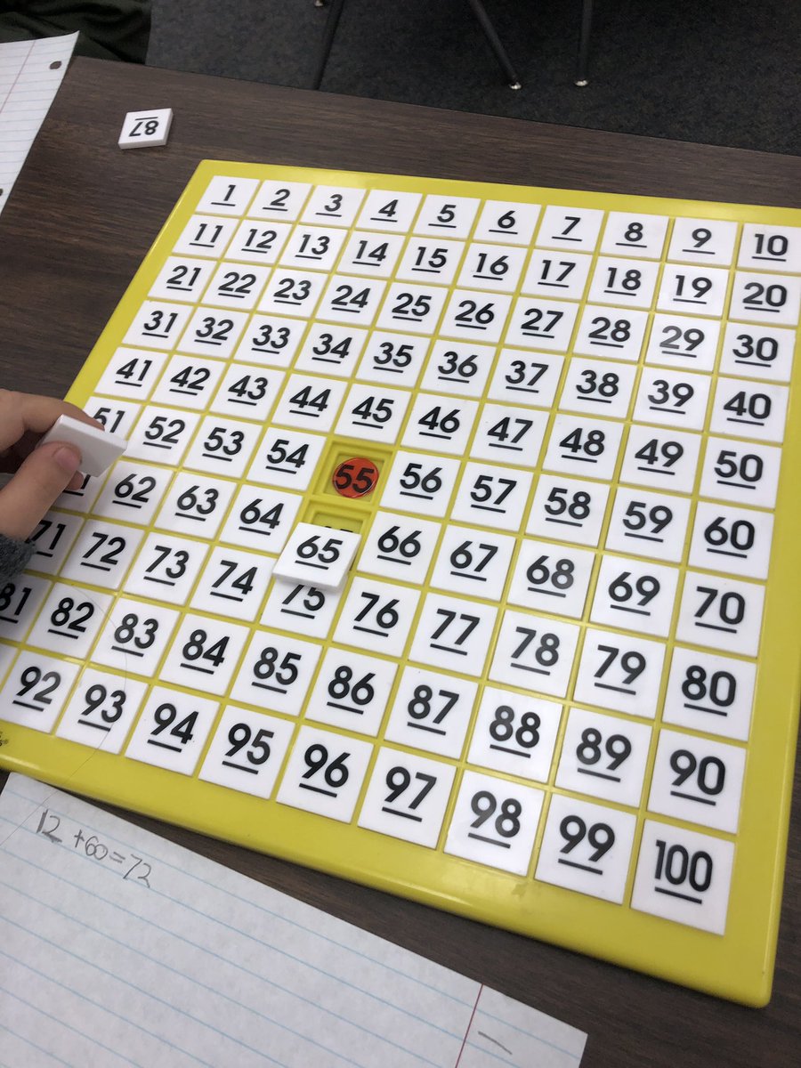 New game: Hundred Chart Treasure  Hunt. We are practicing adding a multiple of 10 to a 2-digit number. It was a hit and the kids want it to be in our rotation of games. #wds1920 #gcpride