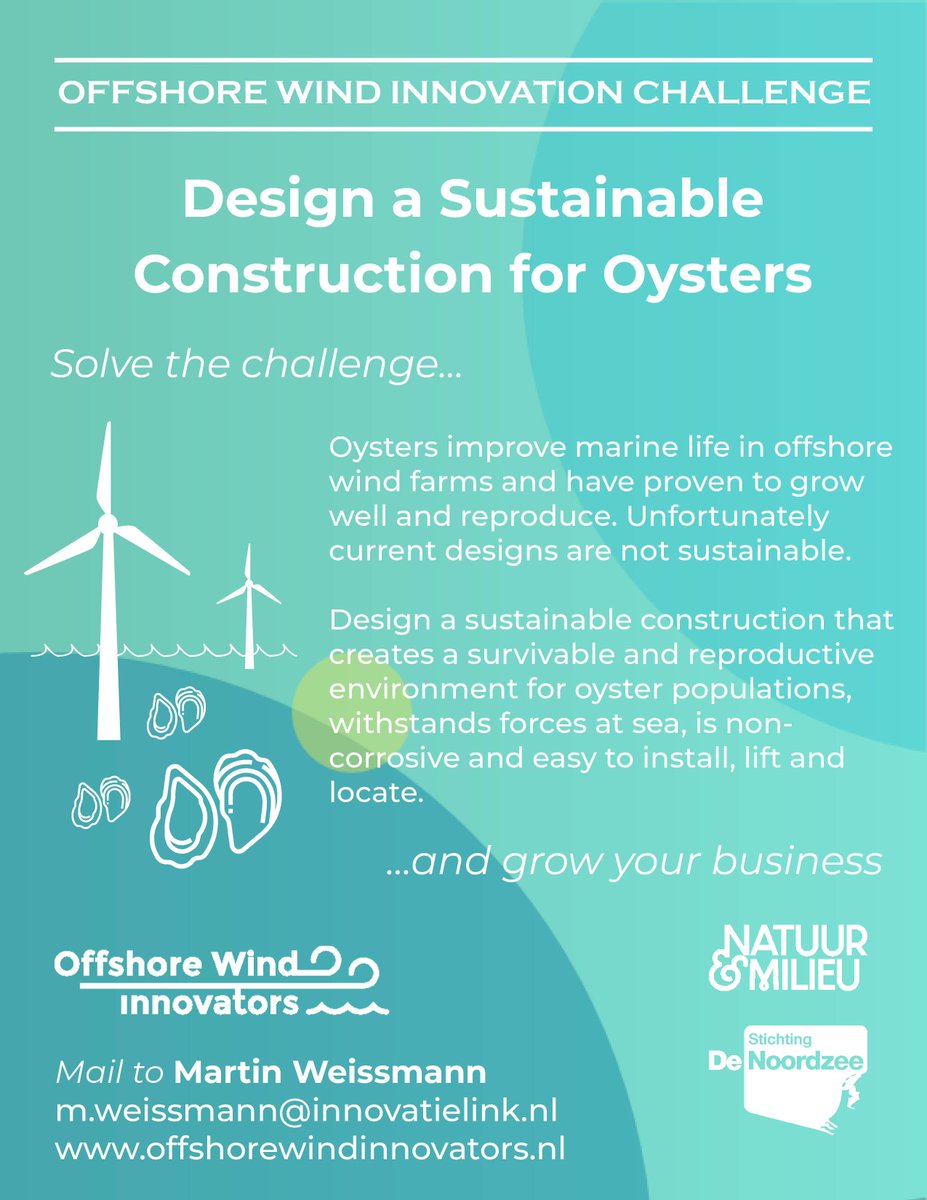 Third challenge in cooperation with <a href="/NatuurenMilieu/">Natuur & Milieu</a> and <a href="/denoordzee/">denoordzee</a>! The best designs will be optimized and get the chance of a pilot. A successful design will be an international blueprint for the development of marine life in offshore wind farms. 

offshorewindinnovators.nl/products/offsh…
