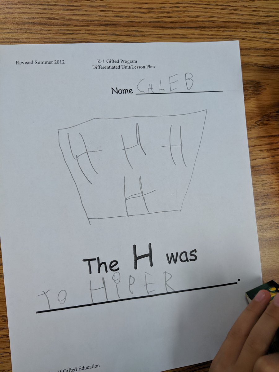 PAESgifted's tweet photo. What I love most about my job is that I've been doing this creative thinking lesson in first grade for years and every year someone surprises me with their creative thinking or vocabulary. Enjoy this example of both. The H was "hyper" and the h was a "hybrid" @paeseagulls https://t.co/RBfngfO1f1
