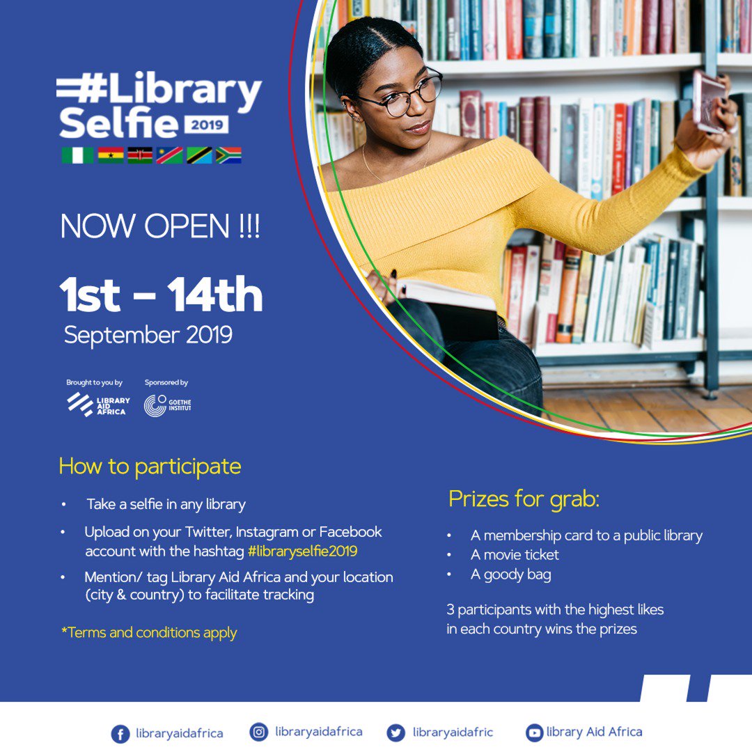 libraryaidafric's tweet photo. 3 days to go!!! #libraryselfie2019 

#Nigeria #Ghana #Kenya #Namibia #Tanzania #SouthAfrica 

@GI_Nigeria @goethejoburg @tumi_rose @knlsmedia @DGTLWealthBook @NLALibrary @USEmbNamibia @channelsbooks @Book_Aid @EveryLibrary @LibraryCampaign @Lagosstatelibr1 @publiclibsng https://t.co/qHXcmdqI7O