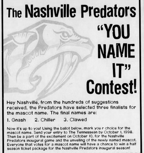 mikecommito's tweet image. Did you know that @Gnash00 could have been Chiller or Clawed? On this day in 1998, the @Tennessean published the final selection ballot for the @PredsNHL mascot #Hockey365 #Preds