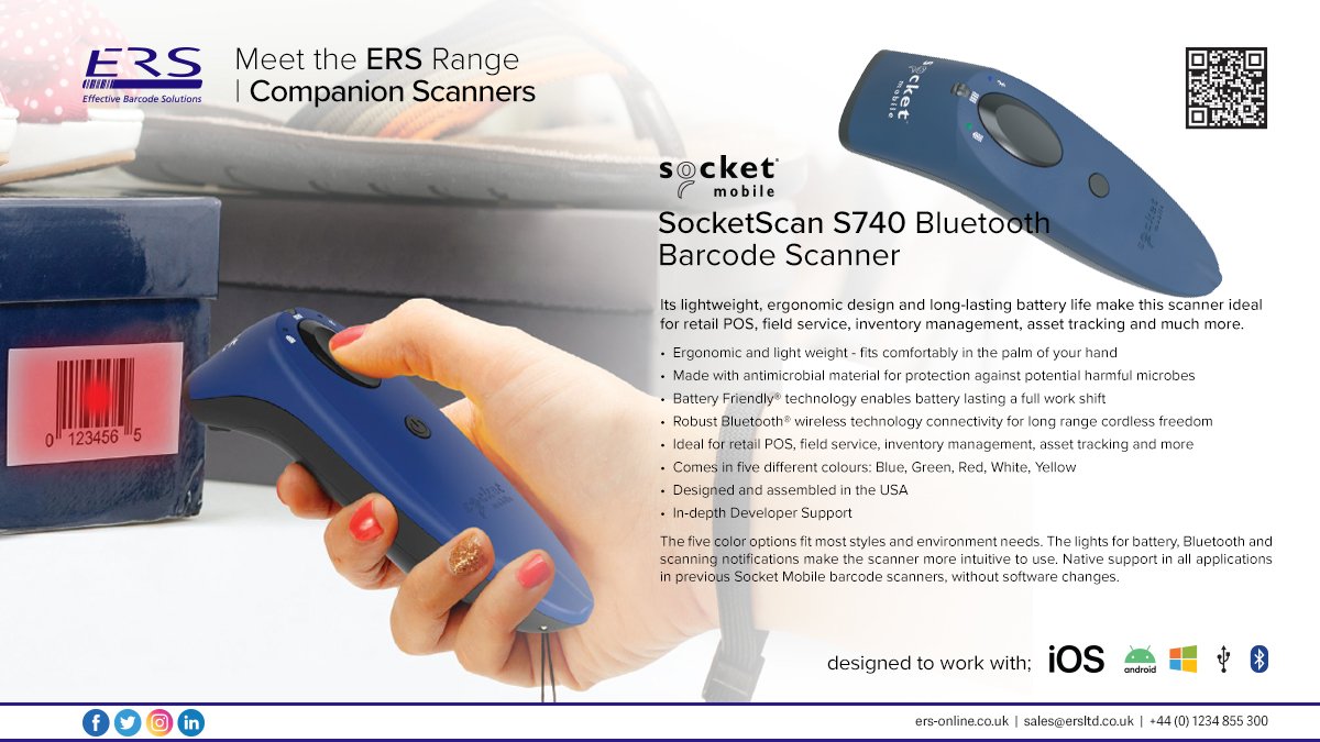 ersltduk's tweet photo. The @SocketMobileUK SocketScan S740 available in 5 colours, with a lightweight, ergonomic design and a battery to last the work day. Ideal for POS, field service, inventory management, asset tracking and more. See https://t.co/4pcvV1dYGB or call us #barcodes #scanners #solutions https://t.co/dWNHc0uNQH