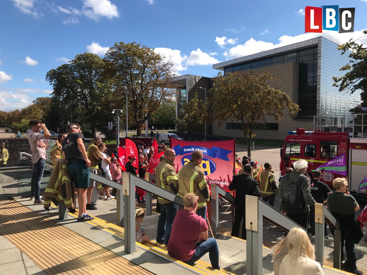 Suffolk firefighters have been protesting outside <a href="/suffolkcc/">Suffolk CC</a> headquarters today, calling for budget cuts to be reversed which they claim are damaging the local fire service #HeartNews