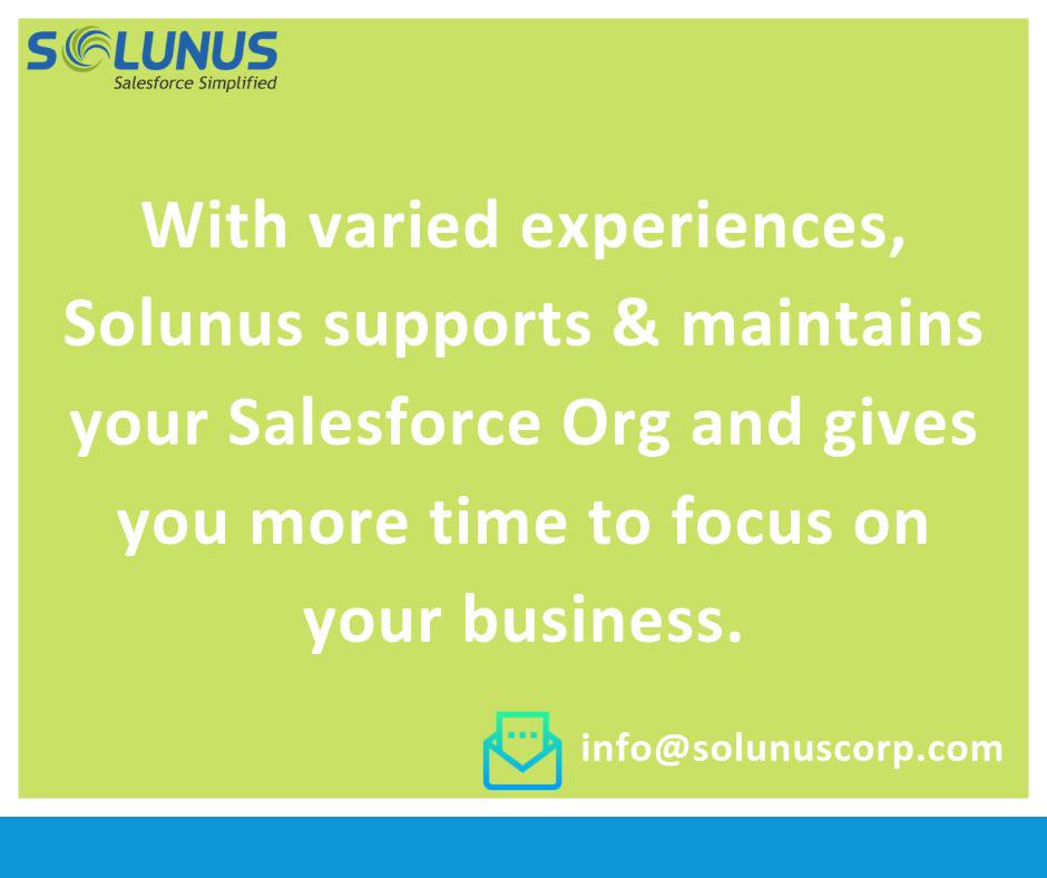 solunusinc's tweet image. Your Salesforce instance should support your growing business needs. Solunus offers #SalesforceManagedServices to help you with that. To know how we do it differently for your organization, click here bit.ly/2O0GeH3
#Salesforce #ManagedServices #Solunus #Business