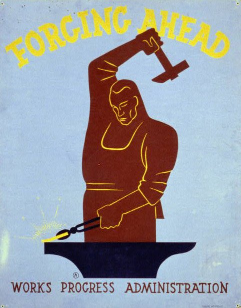 jesseajohnston's tweet photo. "Forging ahead" What a great poster from the WPA posters! exhibit at #americaslibrary from @librarycongress https://t.co/unhhLQeGiV https://t.co/Vht1ilEejN