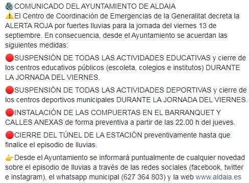 GuillermoLujan_'s tweet photo. 🔊COMUNICADO DEL AYUNTAMIENTO DE #ALDAIA
⚠El Centro de Coordinación de Emergencias de la Generalitat decreta la ALERTA ROJA por fuertes lluvias para la jornada del viernes 13 de septiembre. En consecuencia, desde el Ayuntamiento se acuerdan las siguientes medidas: https://t.co/Gng5bXc4kS
