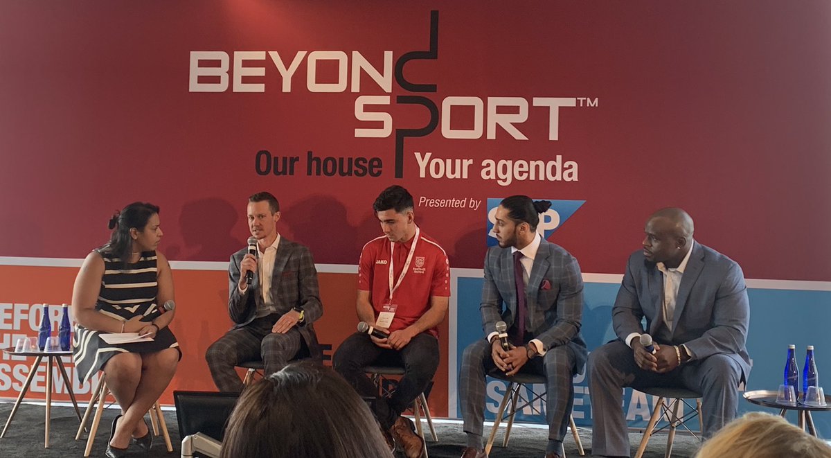 HalcyonSport's tweet photo. Excellent @BeyondSport panel kicking off this morning on courage, leadership, and identity. Finding purpose in sport with @TheChrisMosier @AymanHill @create_chances @WWECommunity #sameteam https://t.co/jAsY7No0yl