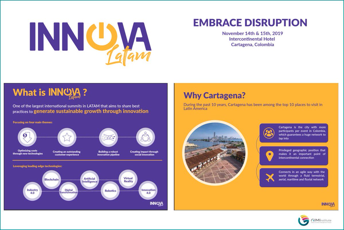 InnovaLatam is one of the largest innovation summits in Latin America innova-latam.com
Get your ticket for USD 483/person until September 15th!

#innovalatam #innovaton #colombia #cartagena #latinamerica #innovationsummit