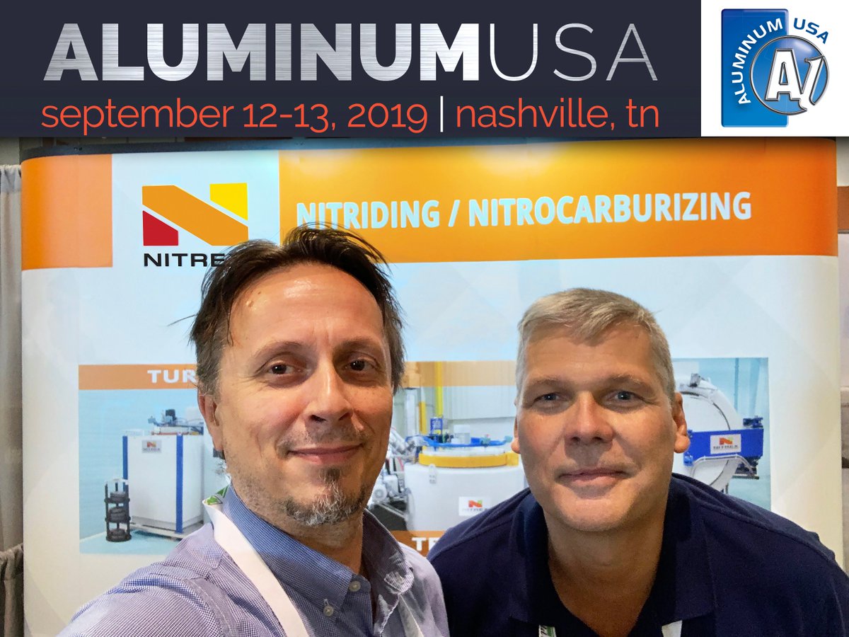 NitrexMetal's tweet photo. The crew - Nikola Dzepina (L) + Jack Kaluck (R) – are at @aluminumusa in Nashville, looking forward to make new connections + seeing familiar faces. Visit booth 928 to learn how our proven expertise in #nitriding / #nitrocarburizing can boost the performance metrics of dies. https://t.co/F1N8Fv4wCd