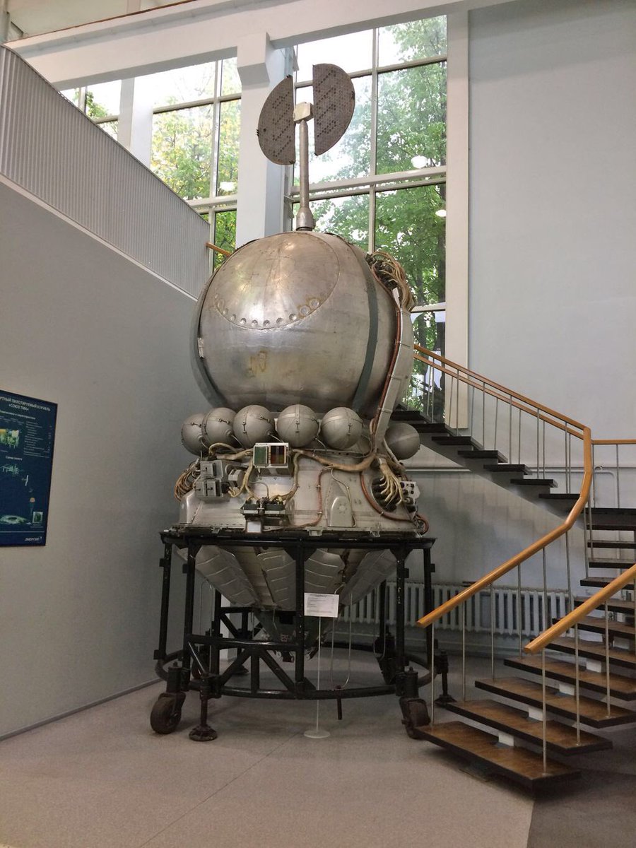 I'm ready to continue to show you the treasures of  #RSCEnergia Museum! Going down the stairs of the Display hall, you will see the most important exhibits of the Museum - the artifacts of the piloted missions. Here is the original engineering mock-up of  #Vostok spacecraft.