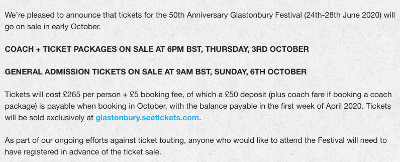 GlastoTwisto's tweet photo. Ticket Sale Dates Announced

Thu 3rd Oct - Coach Tickets
Sun 6th Oct - General Admission

Tickets are £265 per person + £5 booking fee + Postage
(Tick are £17 more expensive)

Full Info: https://t.co/CTPW75XUED

#Twisto #Glasto @GlastoWatch @TheGlastoThingy https://t.co/ji55Uq8yMG