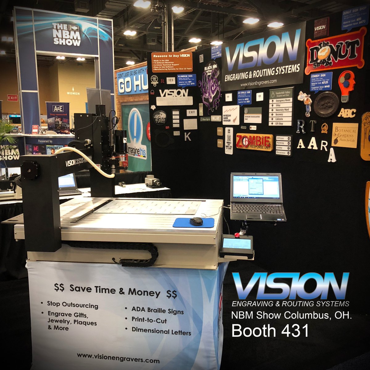 VisionEngraver's tweet photo. Checkout Booth 431 at the #NBMShow Columbus Oh. Watch a live Braille &amp; Print-To-Cut demo on our 2550 #CNCRouter /Engraver &amp; #metalengraving on our Express Small #EngravingMachine. Learn more at https://t.co/vrGE09u94X. 
.
#thenbmshow #visionrouters #visionengravers @THENBMSHOW https://t.co/JfM4vzNtKn