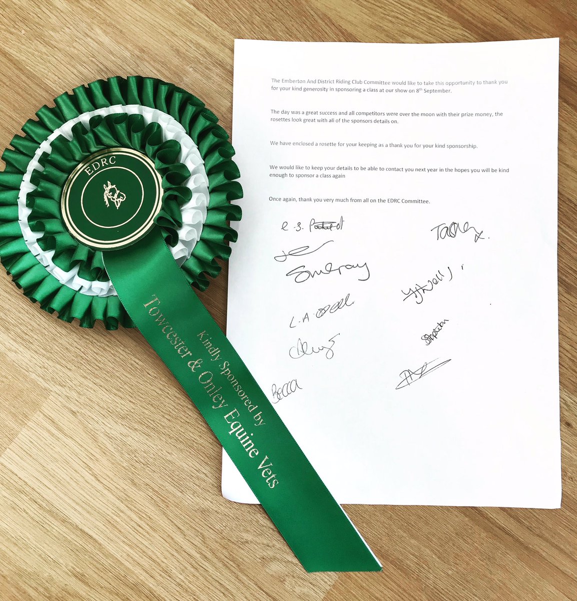 Thank you to the Emberton & District Riding Club committee for the lovely letter of thanks and sponsorship rosette! We supported their show on Sunday and we hope that any clients that went had a fantastic day ✨ #equinevet #localsponsorship #supportinglocally #localbusinesses