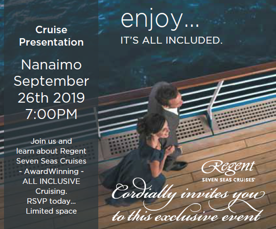 ImagineCruise's tweet photo. You're Invited to a Cruise Presentation with Regent Seven Seas Cruises and Imagine Cruise &amp; Travel in Nanaimo. Learn more about the most inclusive luxury cruise experience! Limited space. RSVP required. - https://t.co/l48bvYvERg #Nanaimo #TravelAgency #Cruises #CruiseTravel https://t.co/brMCFT5ue8