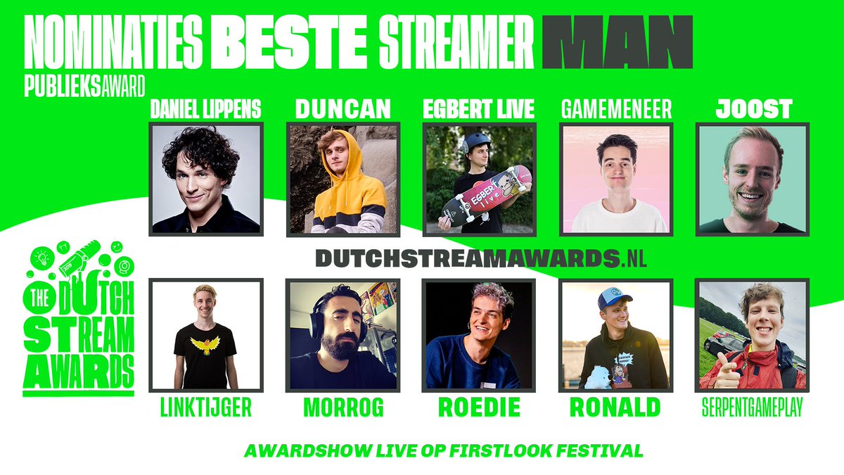 Dit zijn de nominaties voor de publieksaward Beste Streamer Man. Stemmen kan vanaf Maandag 16 september. #DSA #FLF19