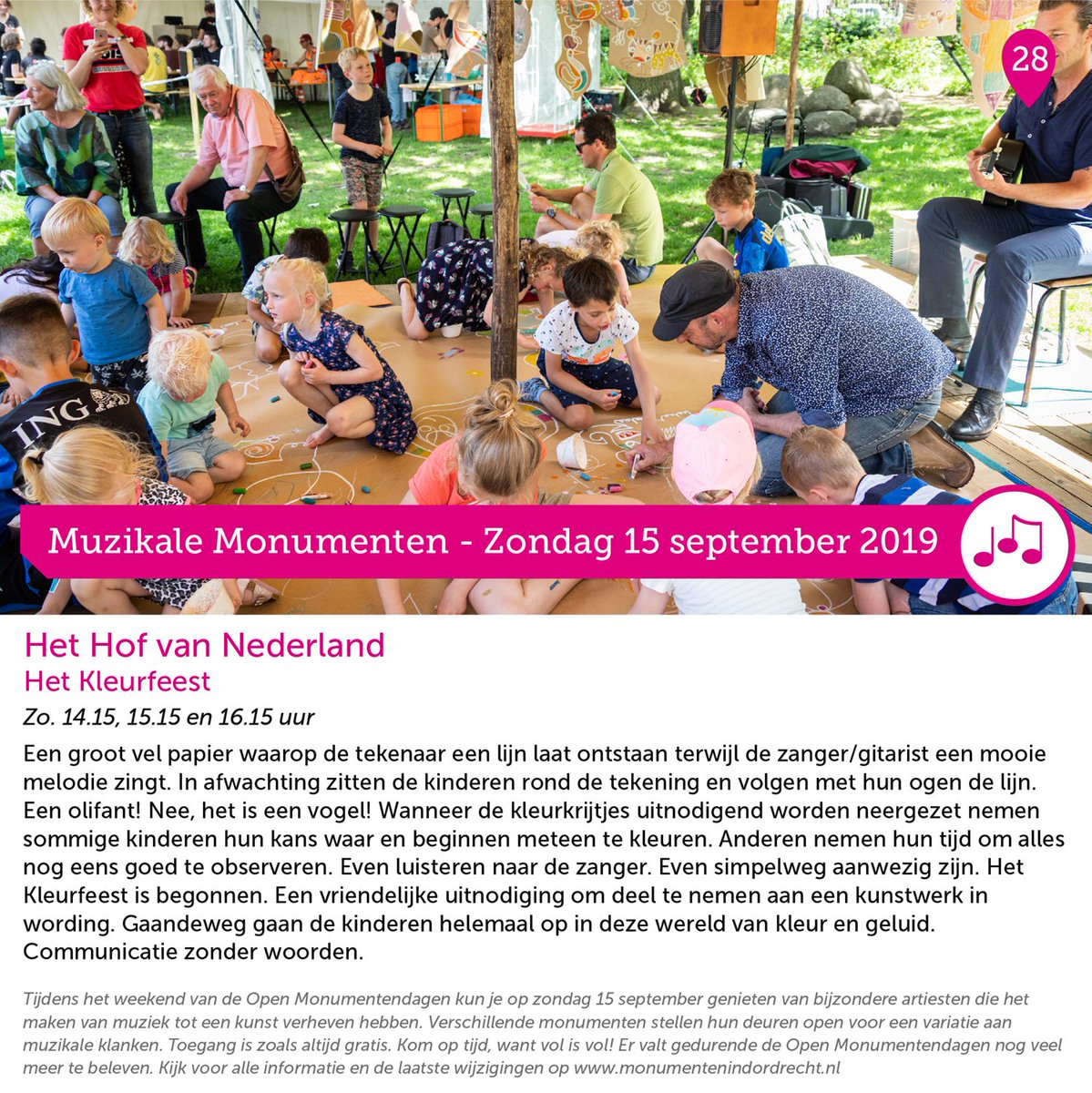 Het Open Monumenten Weekend komt er weer aan. Ook in Dordrecht. Op zondagmiddag 15 september zullen er diverse - bij het thema aansluitende - #gratis optredens plaatsvinden. Ook Het Kleurfeest doet mee. #OMD2019 Kijk voor meer informatie op ow.ly/kqKf30lAgf7 #kleurfeest