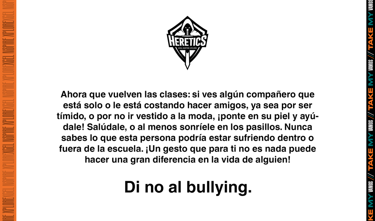 TeamHeretics's tweet photo. Por aquí no. Di #NoAlBullying. 

#VamosHeretics https://t.co/flvLb5sbFU