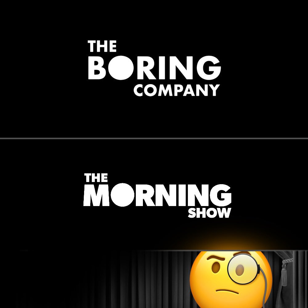 Did Apple’s new TV show ‘The Morning Show’ copy Elon’s Musk ‘The Boring Company logo? They look way too similar.🧐
Rip-off survey: YES or NO? We say YES. Comment your opinion below.
#projektgroup #themorningshow #theboringcompany #appletv