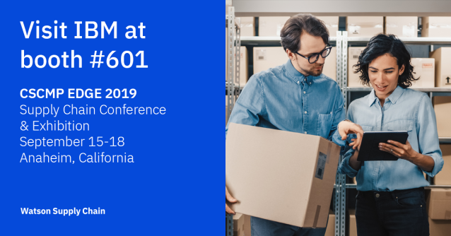 Stop by the booth and let's talk next week! Witness how #WatsonSupplyChain can help you build a smarter #supplychain. Visit the IBM booth at #CSCMPEDGE to view our interactive demos. bit.ly/2Q2xaCm