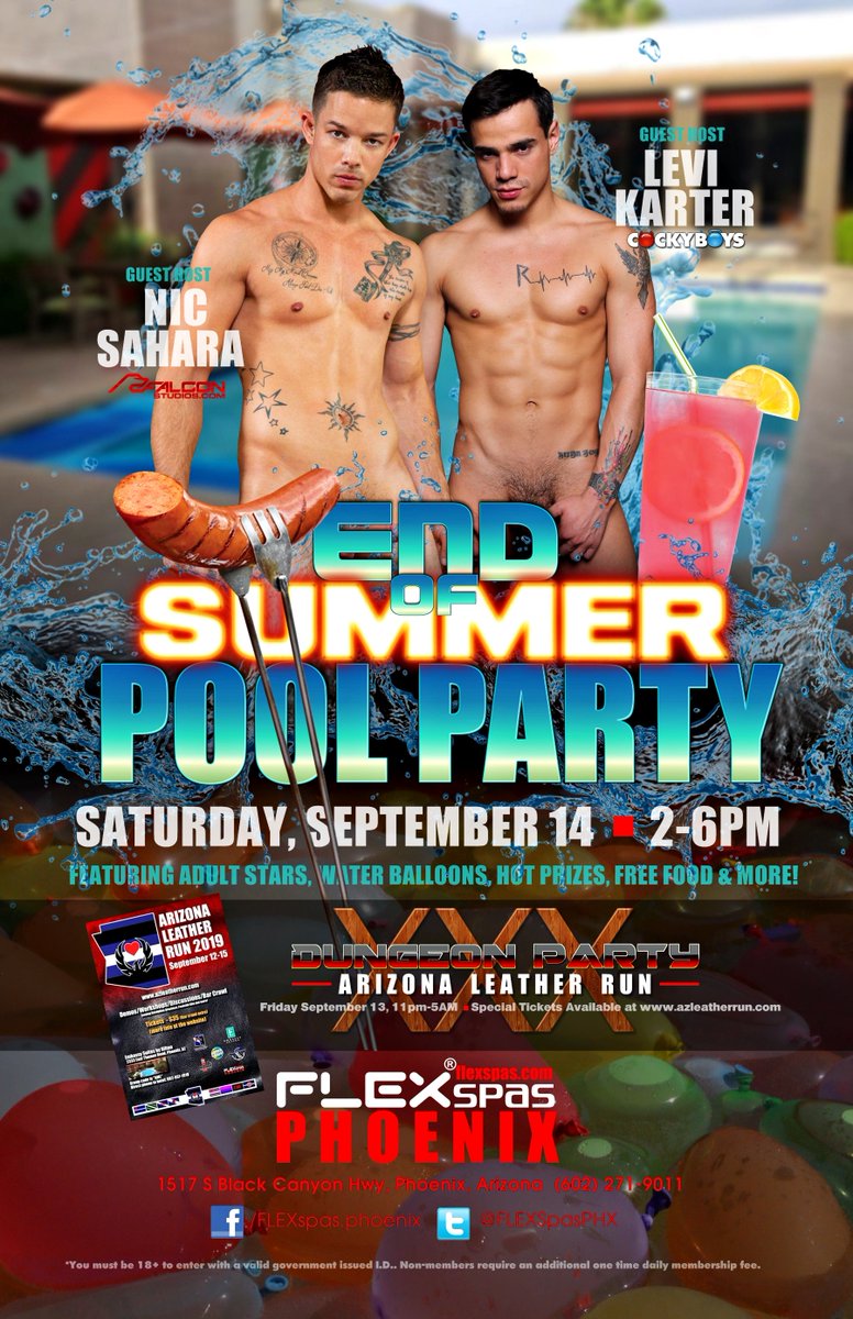 Gear up for the Official #AZLeatherDungeonParty at @FLEXSpasPHX Sept. 13 from 11pm-5am. Special tickets available at azleatherrun.com +STICK AROUND Sunday, Sep. 14th 2-6pm for the FLEX End of Summer Pool Party w/ @cockyboys @LeviKarterCB & @NicSaharaXXX!
