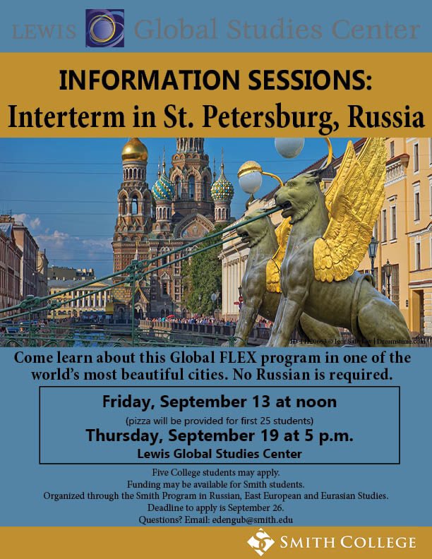 GSCsmith's tweet image. 📣INFORMATION SESSIONS: Interterm in St. Petersburg, Russia
Come to Lewis Global Studies Center to learn more about Global FLEX program in St. Petersburg on
     - Friday, September 13 at noon
     - Thursday, September 19 at 5pm
🍕pizza will be provided for the first 25 students