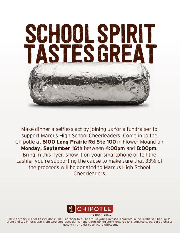 Looking for a treat tomorrow night after the game? Head over to Froyo Joe’s to pick up a cool treat. They’re open late and a portion of your purchase will return to the program. Then Monday night, let Chipotle do the cooking 4-8pm and mention your Cheerleaders! 😋 THANK YOU! 🙏🏼