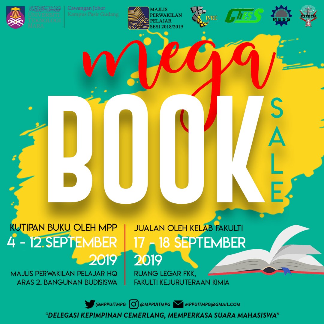 mppuitmpg's tweet photo. Assalamualaikum wbt, 
Salam Sejahtera.

📣📣 MEGA BOOK SALE 📣📣

Kami dari Majlis Perwakilan Pelajar dengan kerjasama kelab CIVEC, CHESS, MESS dan ESTECH akan mengadakan program MEGA BOOK SALE pada semester ini. https://t.co/GhIcbe2eoj