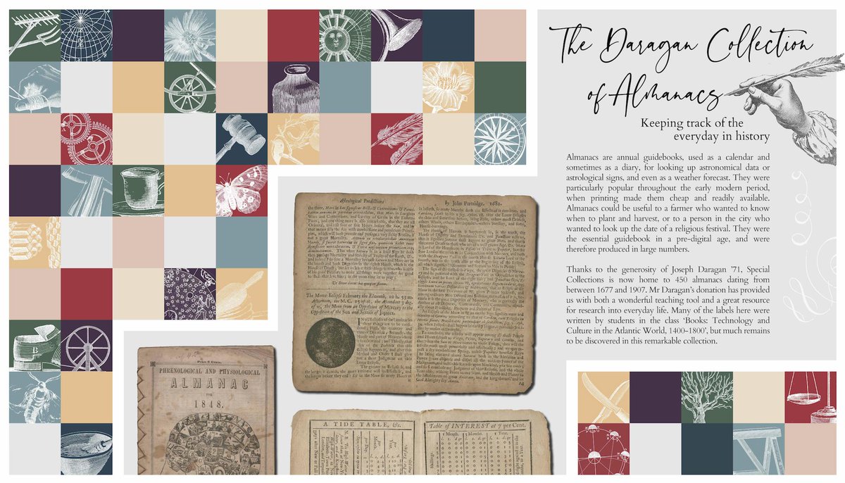 Introductory panel to the Daragan Almanac exhibit. Several scans of almanac pages are arranged alongside a checkered/tile pattern of several colors: red, green, blue, purple. The title of the exhibit is "The Daragan Collection of Almanacs: Keeping Track of the Everyday in History."