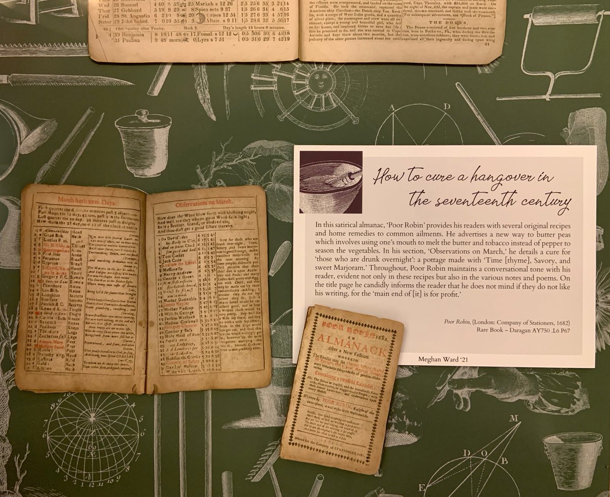 An exhibit panel highlighting an almanac page-spread, "How to cure a hangover in the seventeenth century." On a green background with white outline illustrations.