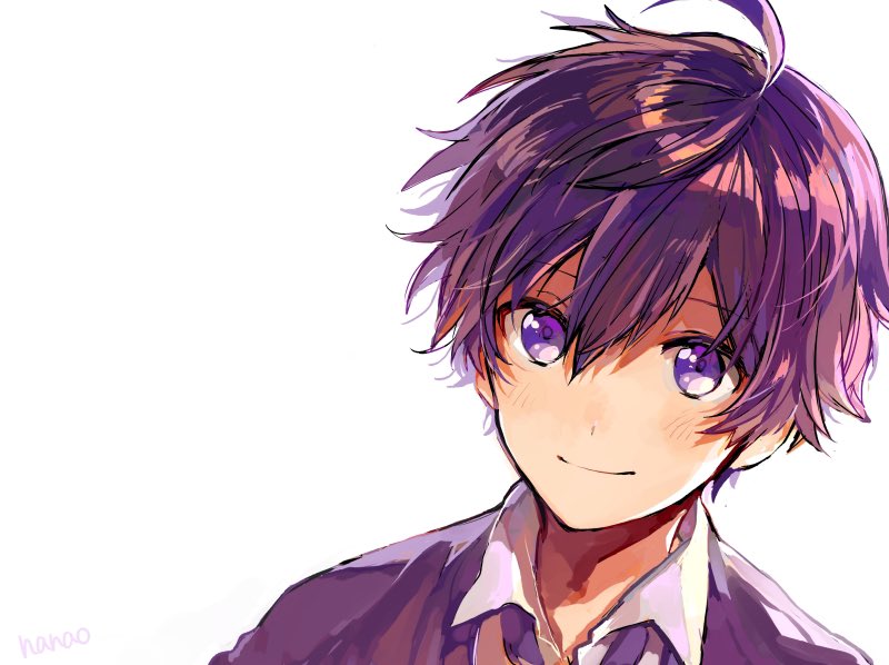 1boy male focus solo purple eyes smile white background looking at viewer  illustration images