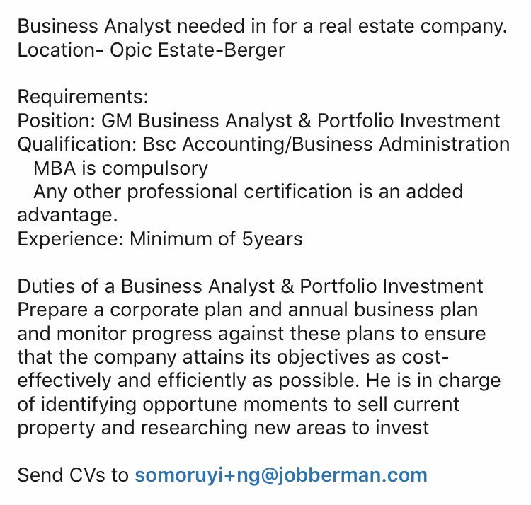 Career Path Hub on Twitter "Business Analyst needed in for a real estate company. Location