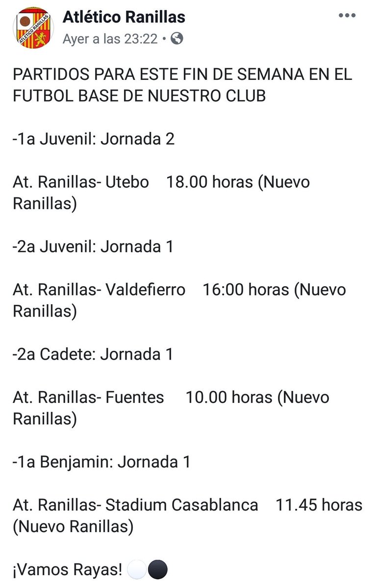 Aqui teneis los horarios de los partidos de las categorias de futbol base en el Atletico Ranillas: