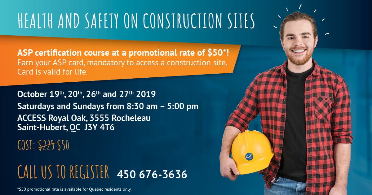 rsb_access's tweet photo. Do you work on a construction site? Do you have your ASP Certification? Earn your ASP card at ACCESS for a promotional rate of 50$! Call NOW to register! #iambrilliant #constructionworker #mtlconstruction #backtoschool #safetyfirst https://t.co/FYQvWQaUMy