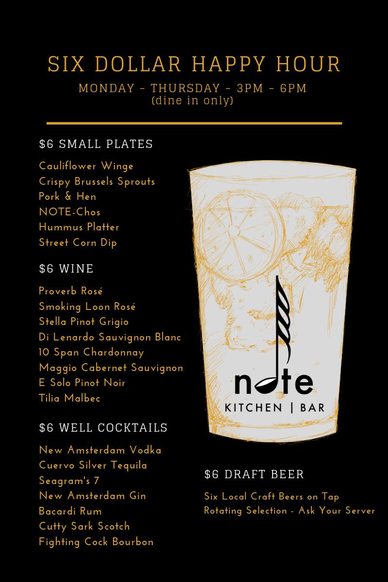 NoteKitchen's tweet photo. The Weekend is Near! What better way to kick it off than Six Dollar Happy Hour at Note? Great selection of apps and cocktails from 3PM to 6PM every Monday thru Thursday https://t.co/Q1uGUyWfEi