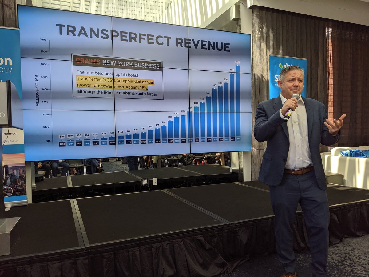 .<a href="/PhilShawe/">Phil Shawe</a> presents a slide to be proud of - 27 years of <a href="/TransPerfect/">TransPerfect</a> growth, because if you're not growing, your company doesn't survive #slatorconsf19