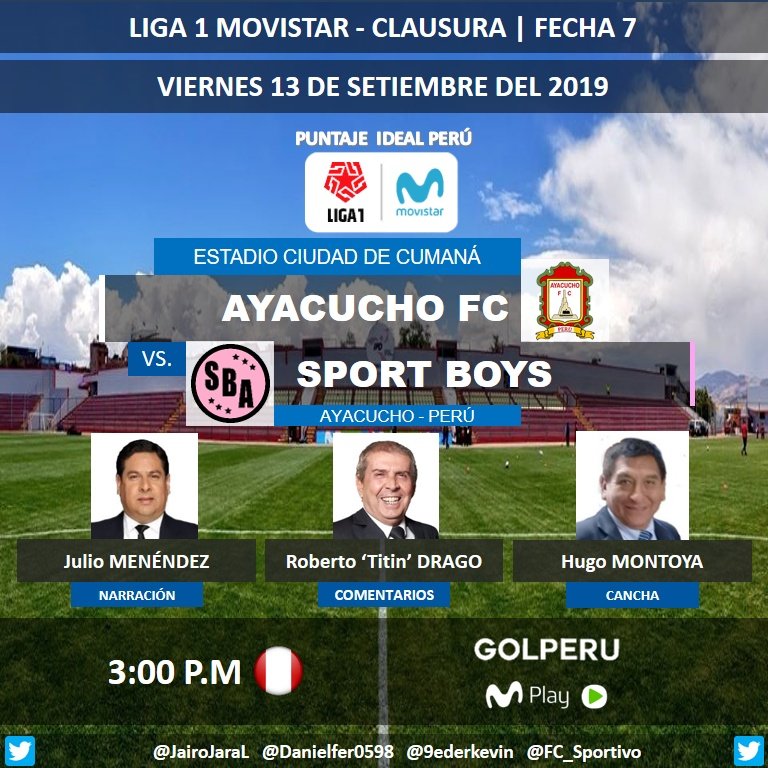 PuntajeIdealPE's tweet photo. ⚽ #Liga1Movistar 🇵🇪 | @ClubAyacuchoFC vs. @sportboys
🎙 Narración: @jmenendezsilva
🎙 Comentarios: @TitinDrago
📝 Cancha: #HugoMontoya
📺 @GOLPERUoficial (14 - 714 HD)
💻📱#MovistarPlayPerú
🤳 #LIGA1MOVISTARxGOLPERU
Dale RT 🔃 https://t.co/7wY2GhgaCR