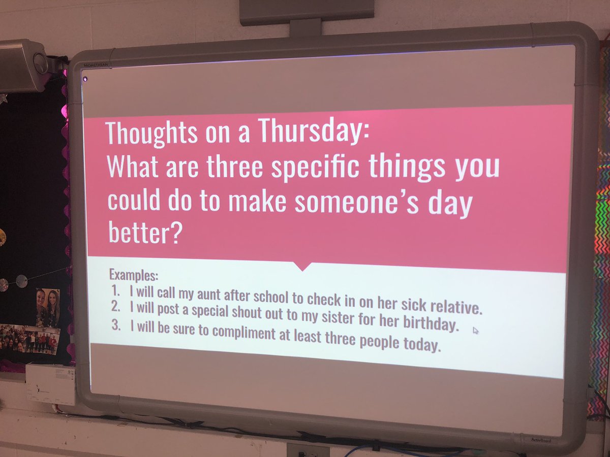 Can you think of three things you could do to make someone’s day better? I’m very excited for our new warm up routines, <a href="/MrsLawELA/">Kelly Law</a>! #thoughtsonathursday